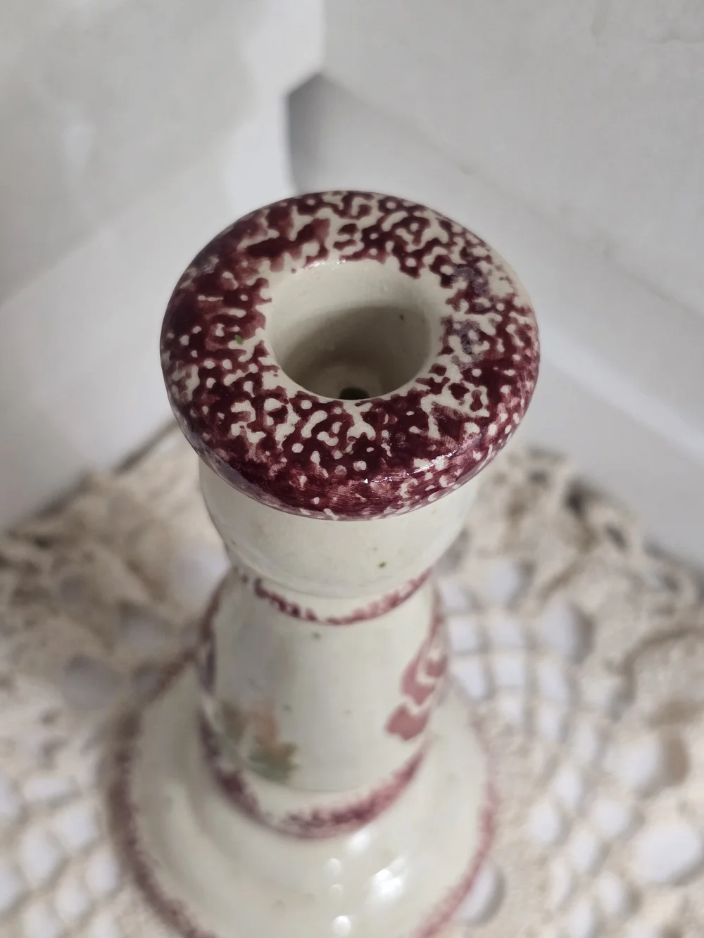 Hand-Painted Floral Ceramic Candle Holder - Cream and Burgundy - Cottagecore